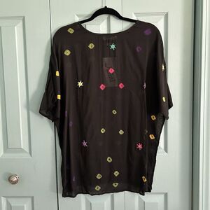 Adini Womens‎ Vtg Oversized Black Embroidered Color Pop Blouse Top Small Sheer